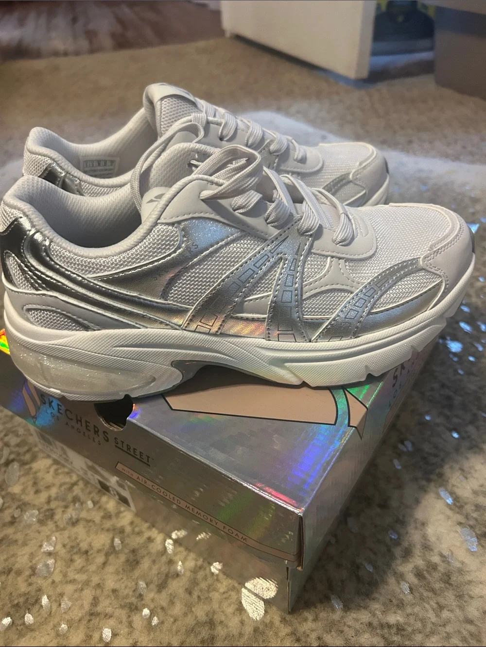 Skechers Women's White Sneakers with Silver Metallic Accents
